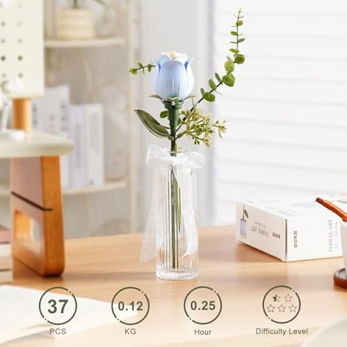 FLOWERS 3D PUZZLE BUILDING TOY SET, MODEL KITS, ROSES CAMELLIA FLOWERS, ARTIFICIAL BOUQUET KIT, HOME DECORATION ACCESSORIES, ARTIFICIAL PLANT GIFTS (BLUE ROSE) - Image 3